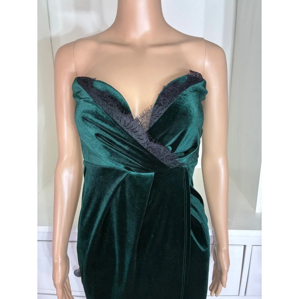 ASOS Velvet Strapless Dress Women Size 4 Green Lace Trim Tulip Skirt Midi